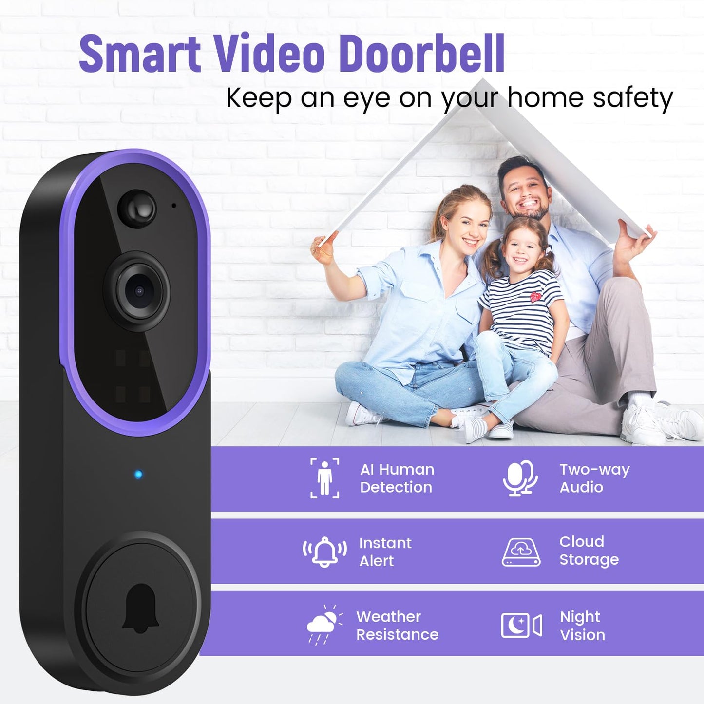 1080p Video Doorbell Camera Wireless with Chime, AI Human Detection, 2-Way Audio, FHD Live View, 2.4G WiFi, Night Vision, Cloud Storage, Battery Powered, Indoor Outdoor Surveillance (Purple)