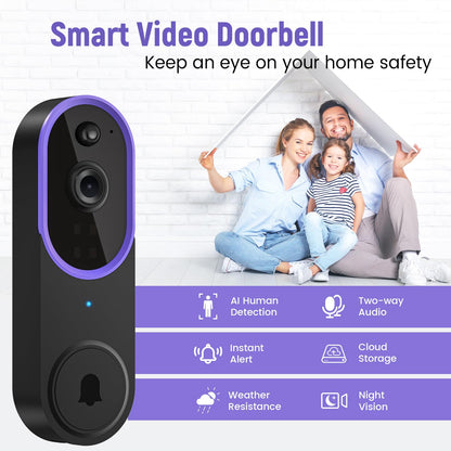 1080p Video Doorbell Camera Wireless with Chime, AI Human Detection, 2-Way Audio, FHD Live View, 2.4G WiFi, Night Vision, Cloud Storage, Battery Powered, Indoor Outdoor Surveillance (Purple)
