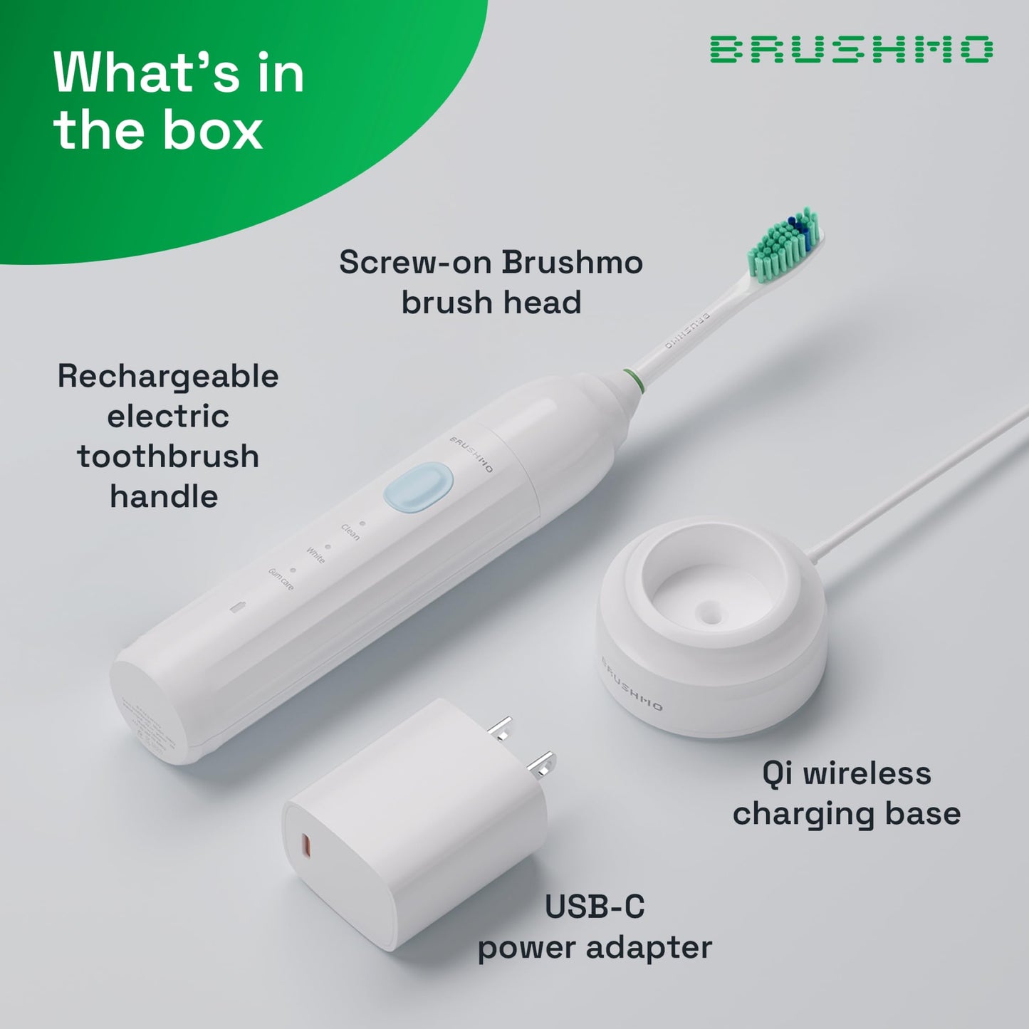 Brushmo e-Series Electric Sonic Toothbrush - Rechargeable Screw-On Electronic Tooth Brush for Adults with 3 Modes & Timer - IPX7 Waterproof, Long-Lasting Battery & Wireless Charging Base - White