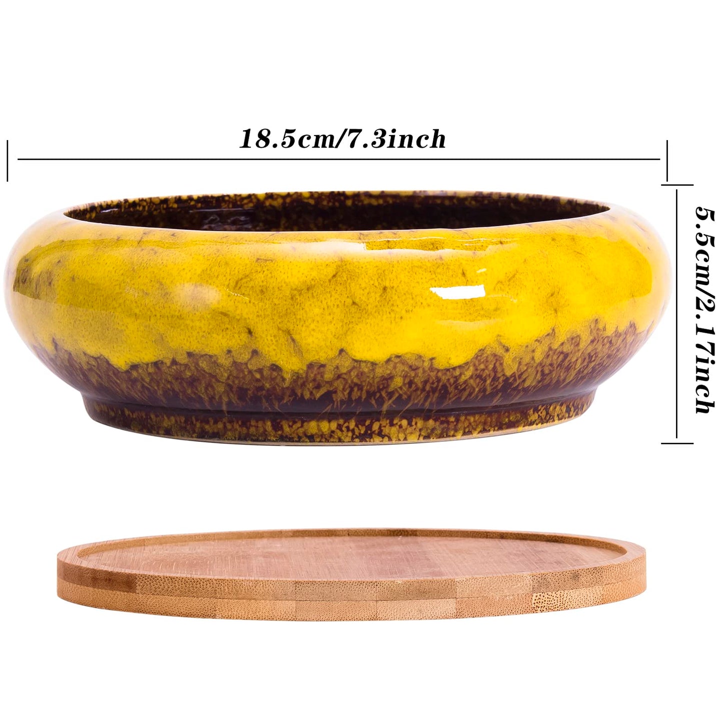 ARTKETTY Succulent Pots - 7.3 Inch Large Succulent Planters with Drainage Ceramic Bonsai Pots with Bamboo Tray, Shallow Planters for Indoor Cactus Plants Decorative Flower Plant Container