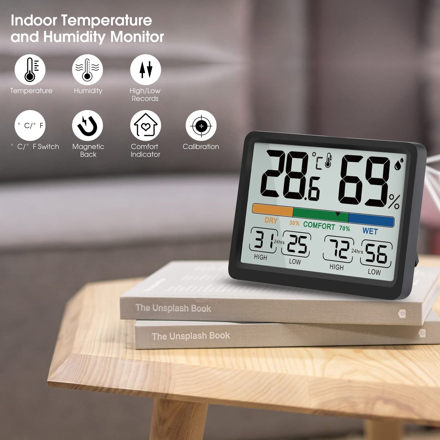Humidity and Temperature Monitor - AIMILAR Digital Indoor Thermometer with High Low History, ℉ / ℃ Selectable, Easy to Use, Calibrate-able, Magnetic Option and Clear Display