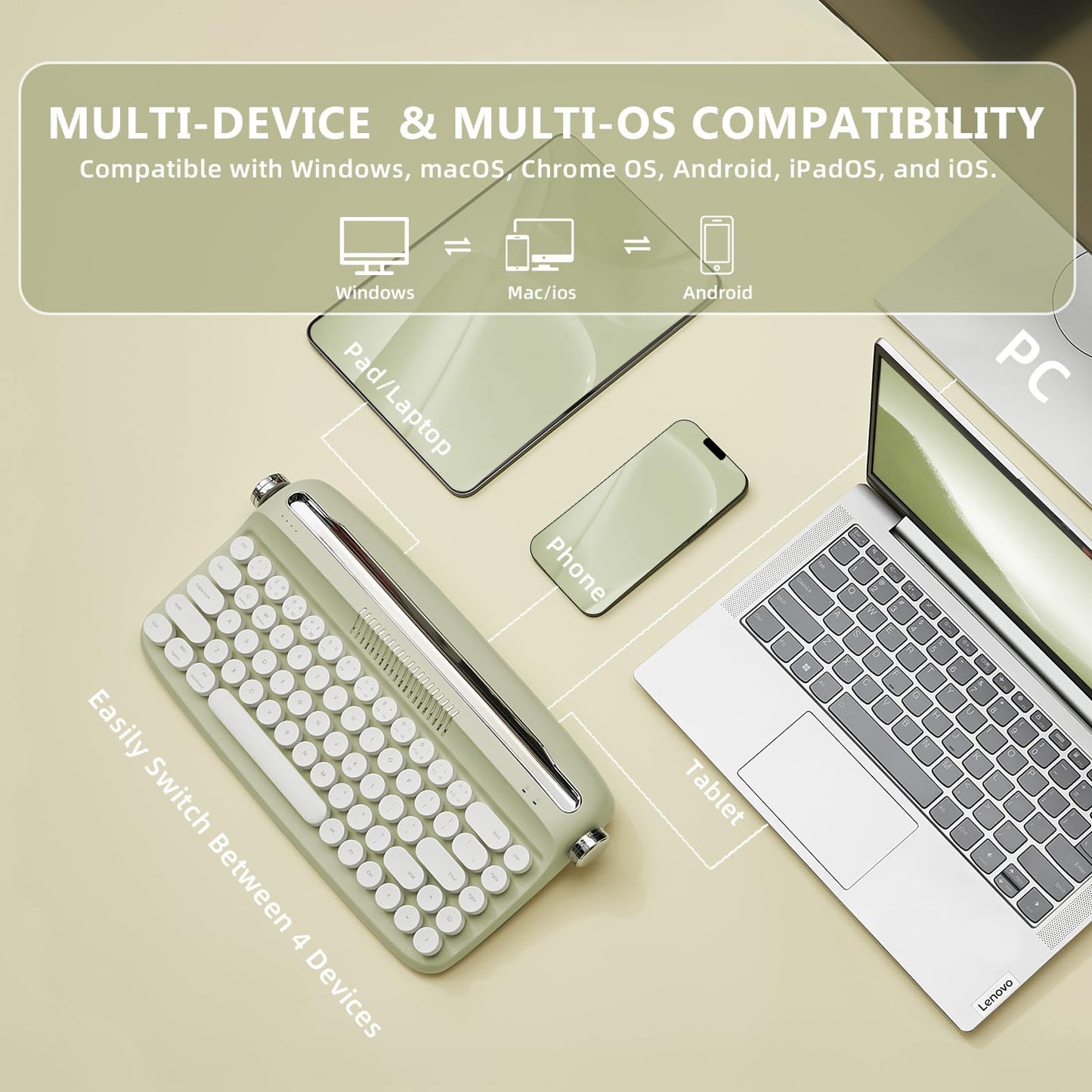 YUNZII Upgraded Wireless Typewriter Keyboard,with Retro Integrated Stand,USB-C/Bluetooth,Cute Round Keycaps, USB-C/Bluetooth Connection for Table, Phone, PC and Win/Mac/Android (B309, Baby Pink)