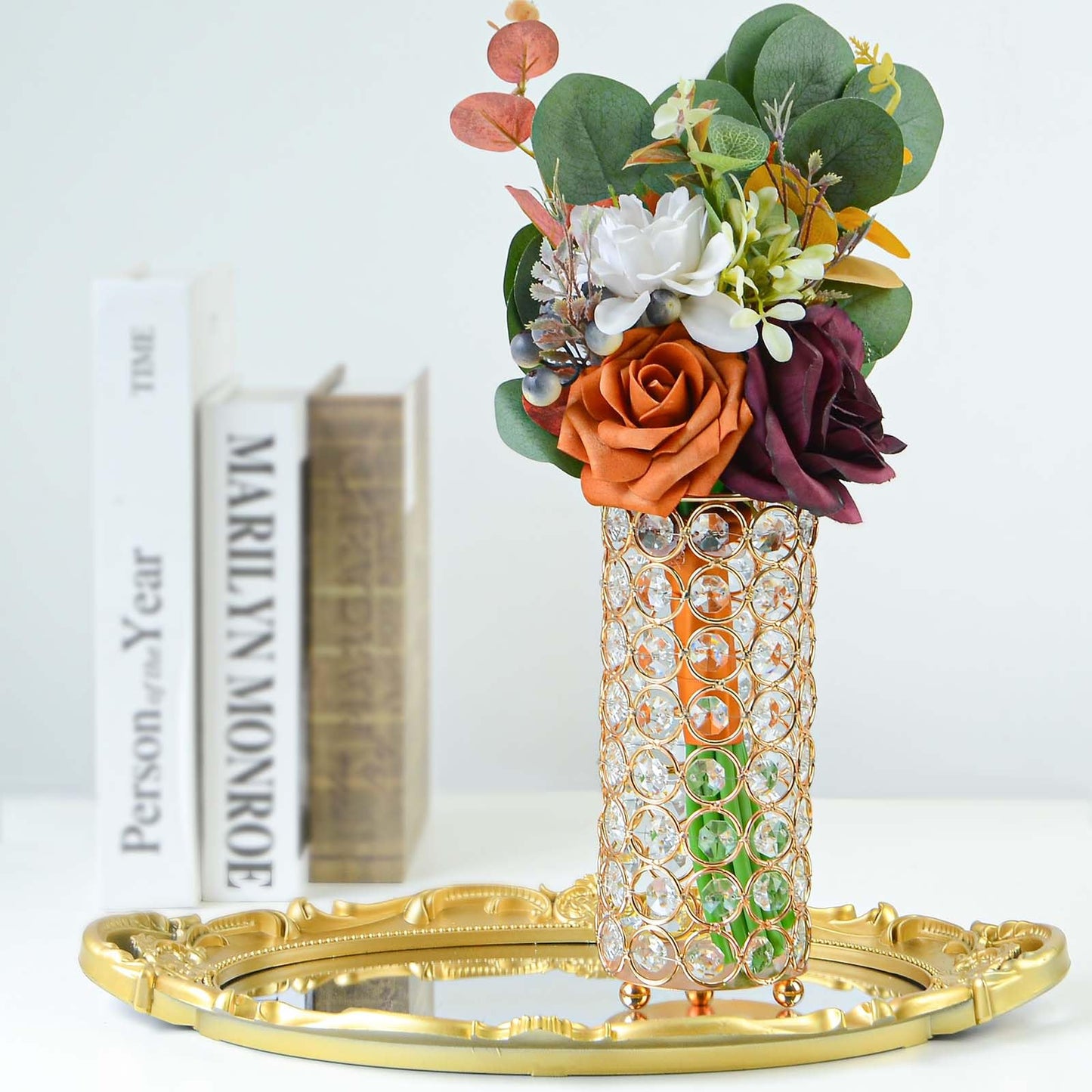 KEHAIL 8 Pcs Crystal Metal Vase Centerpiece, 7.9" Cylinder Flower Vase and Hollow-Out Candle Holder for Wedding, Party, Home Table Decor (8, Gold)