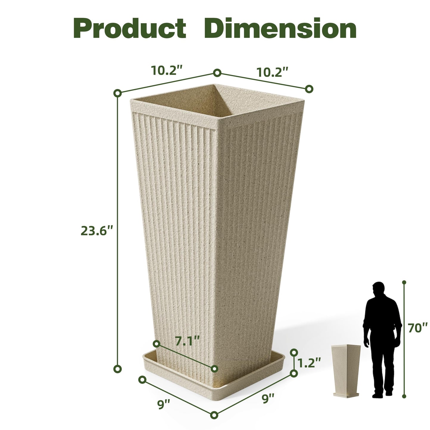 Trygoal Square Tall Planters for Outdoor Plants Set of 2-23.6" Heavy-Duty Classic Tapered Indoor Flower Pots with Drainage Holes/Partition/Tray, Large Outdoor Planters for Porch Patio, Beige Cream
