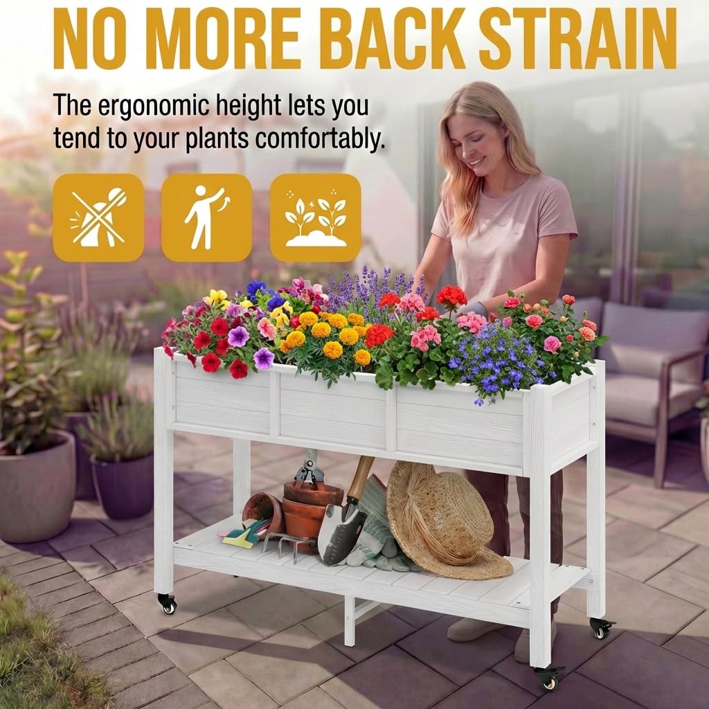DWVO 47x18x3in Raised Garden Bed HDPE Outdoor with Legs and Lockable Wheels, Weather-Resistant Poly-Wood Elevated Planter Box, Double Tier Planters for Backyard Patio Balcony, White