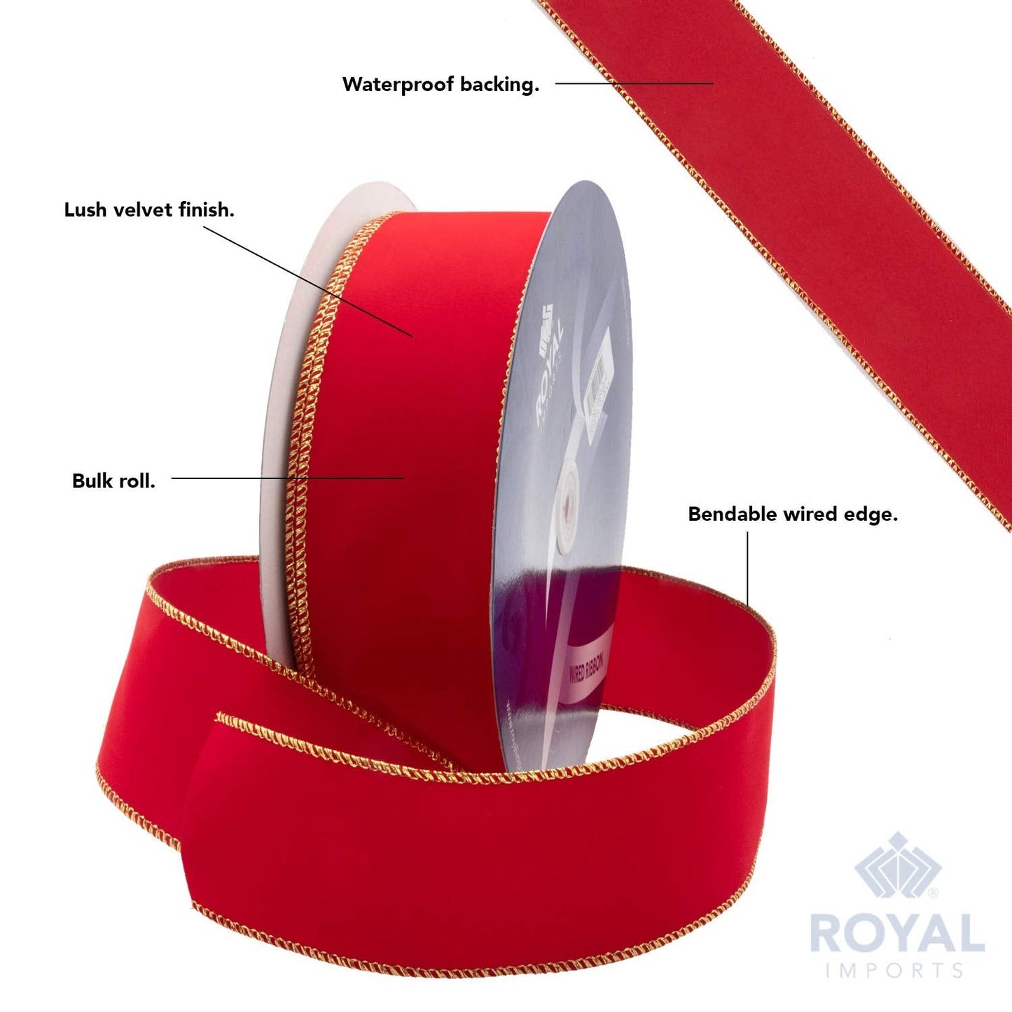 Royal Imports Wired Traditional Red Velvet Christmas Ribbon Waterproof with Gold Edge 2 1/2" (#40) 50 Yards Roll, for Floral & Craft Decoration