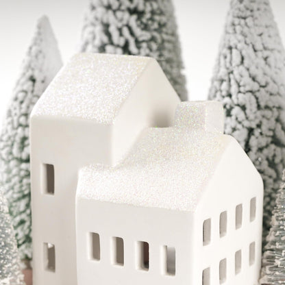 Zesua Christmas Decorations Indoor - Christmas Village Sets of 5 Ceramic Houses with LED Lights Remote and 9 Trees - Winter Rustic Farmhouse Home Holiday Xmas Decor for Mantel Tabletop Room