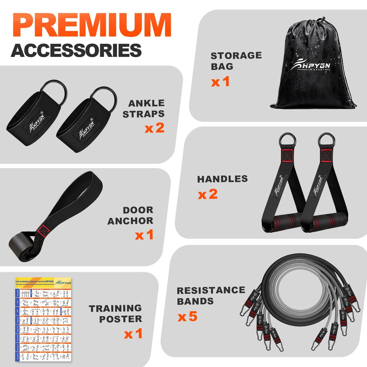HPYGN Resistance Bands, Exercise Bands with Handles, Fitness Bands, Workout Bands with Door Anchor and Ankle Straps, for Heavy Resistance Training, Physical Therapy, Shape Body, Yoga, Home Workout Set