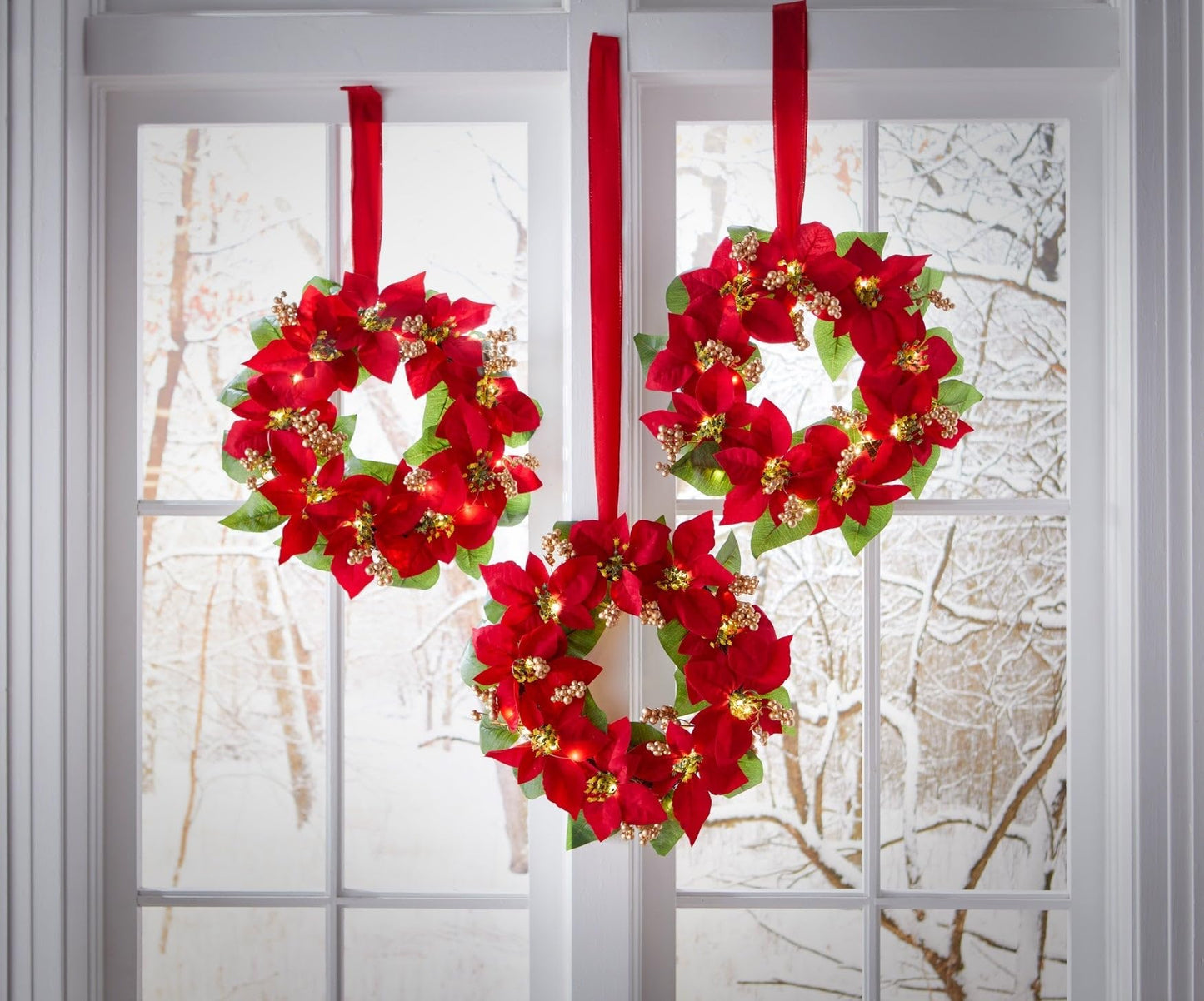 BrylaneHome Set of 3 Pre-Lit 16 inch Christmas Wreaths with 20 Warm Lights & Timer Function, Pre-Decorated, Cordless, No Outlet Required - Poinsettia