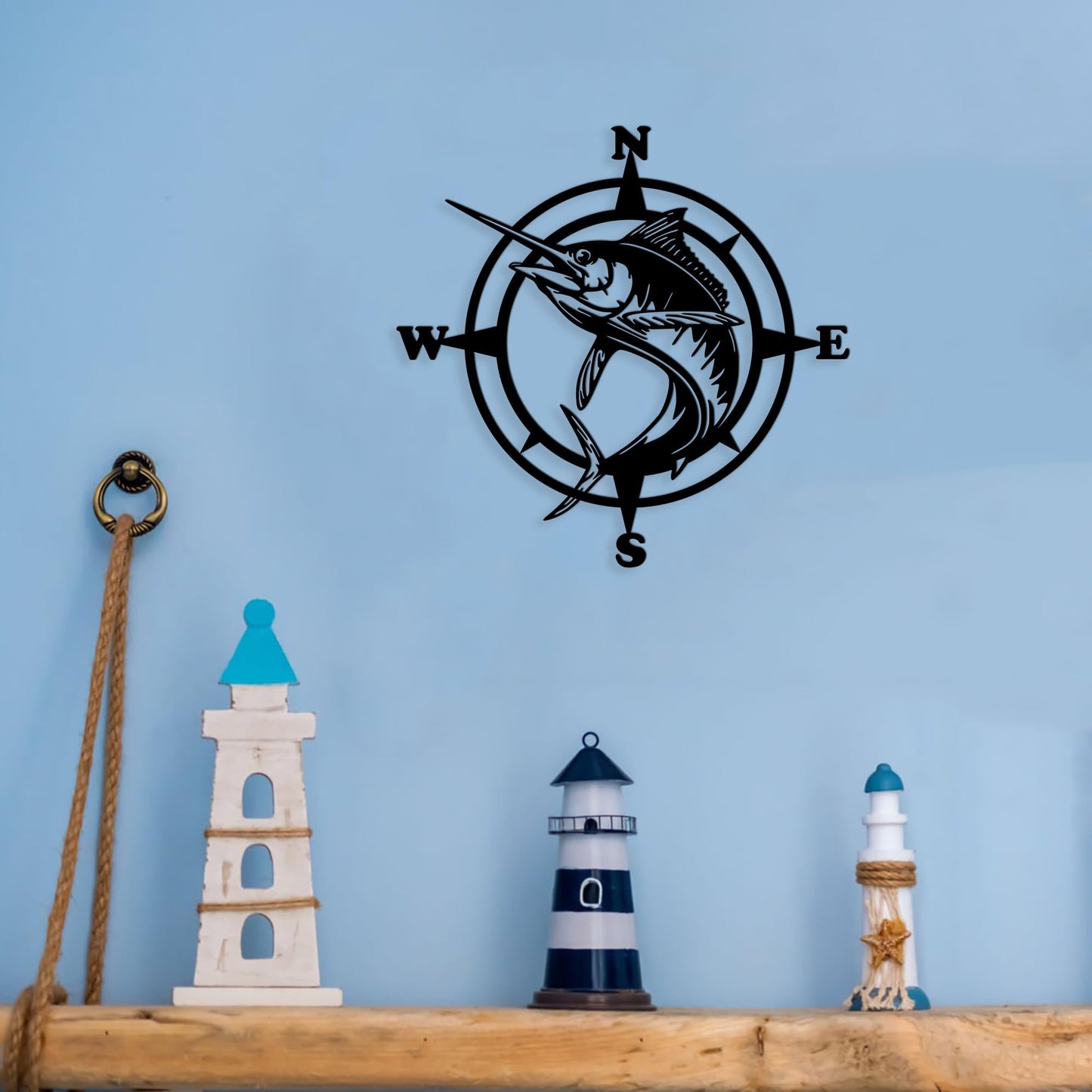 Xedatric Stylish Fishing Decor – Compass Wall Art with Jumping Swordfish, Perfect for Nautical and Marine Enthusiasts, Durable Metal Wall Sculpture for Home & Kitchen