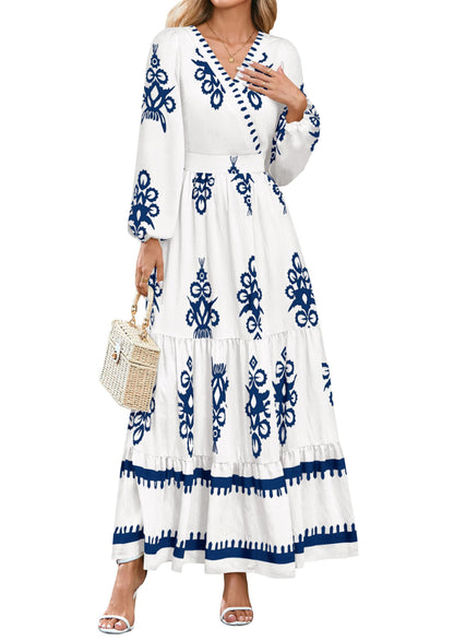 PRETTYGARDEN Women's 2025 Fall Wedding Guest Dresses Boho Floral Long Sleeve V Neck Flowy Elegant Maxi Dress Beach Clothes