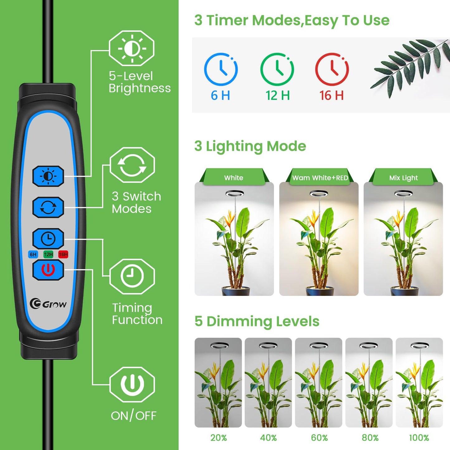 Aokrean 6.3in Grow Light, 80LED Full Spectrum Plant Light for Indoor Growing, Height Adjustable 10"-65", Auto Timer 6/12/16H, 3 Optional Spectrums, Idea for Large Plant, 5V, Black, 2 Pack