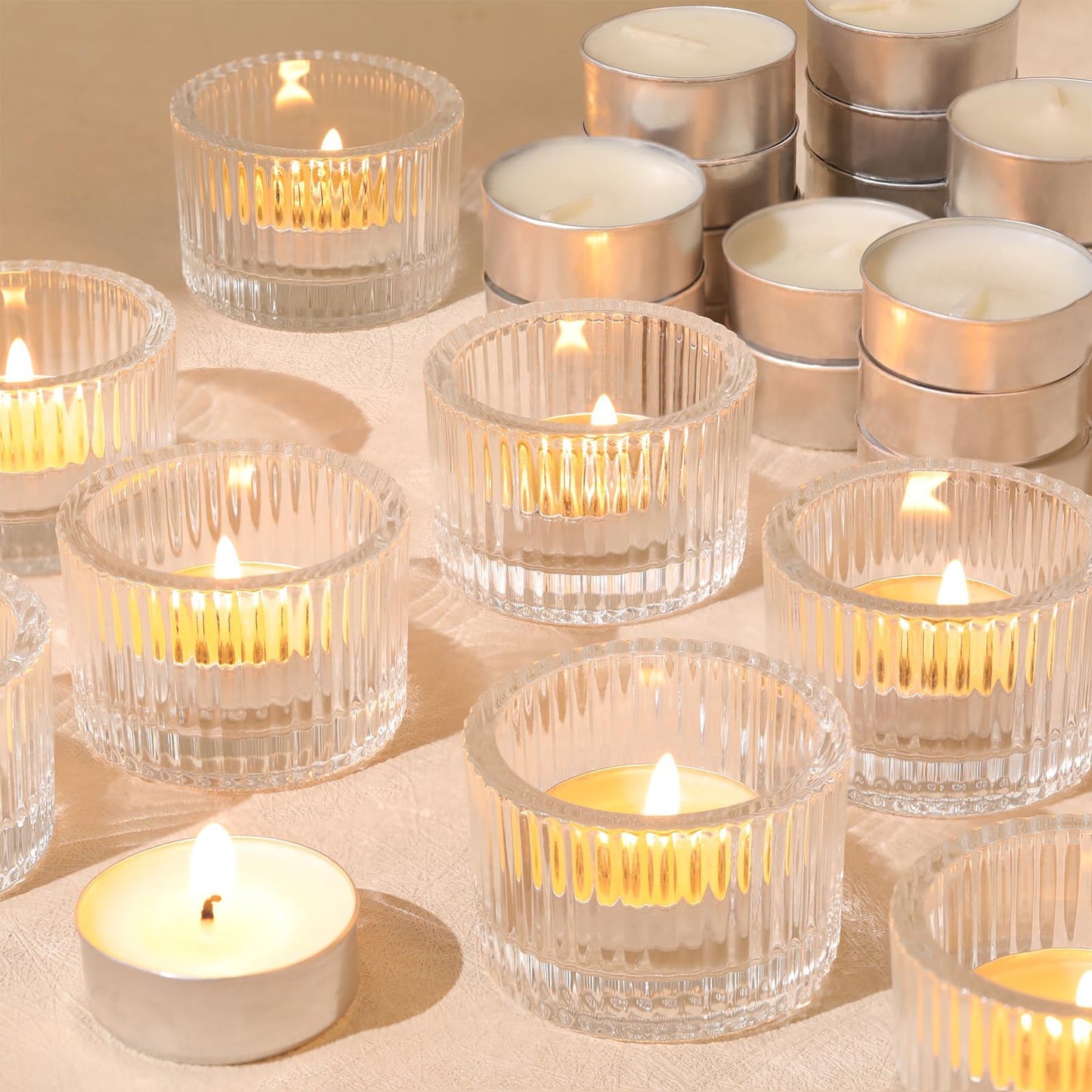 HAVITI 36 Pcs Clear Tealight Candle Holders with 36PCS Tea Lights Candles, Glass Votive Candle Holders Set for Table Centerpiece, Home Decor and Party Supplies