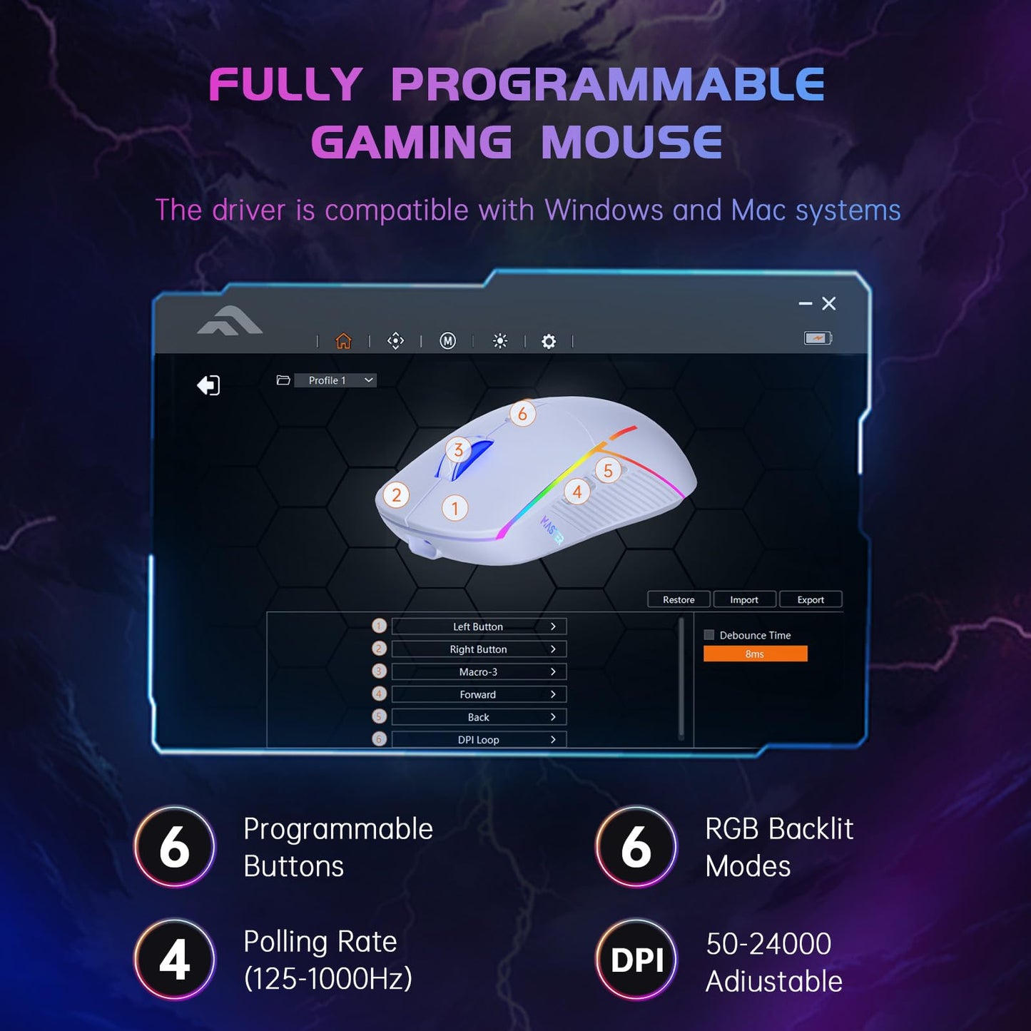 FFJ Wireless Gaming Mouse, 24000 DPI, Tri-Mode 2.4G/USB-C/Bluetooth 5.3 Gaming Mouse Wireless, RGB Programmable Mouse Gamer, 75Hrs Battery Life, Rechargeable Gaming Mice for PC, Mac, PS5, Xbox - Black
