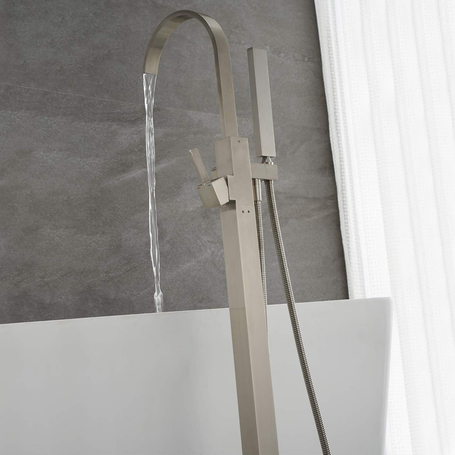 Artiqua Freestanding Bathtub Faucet Tub Filler Brushed Nickel Waterfall Floor Mount Faucets Single Handle with Hand Shower