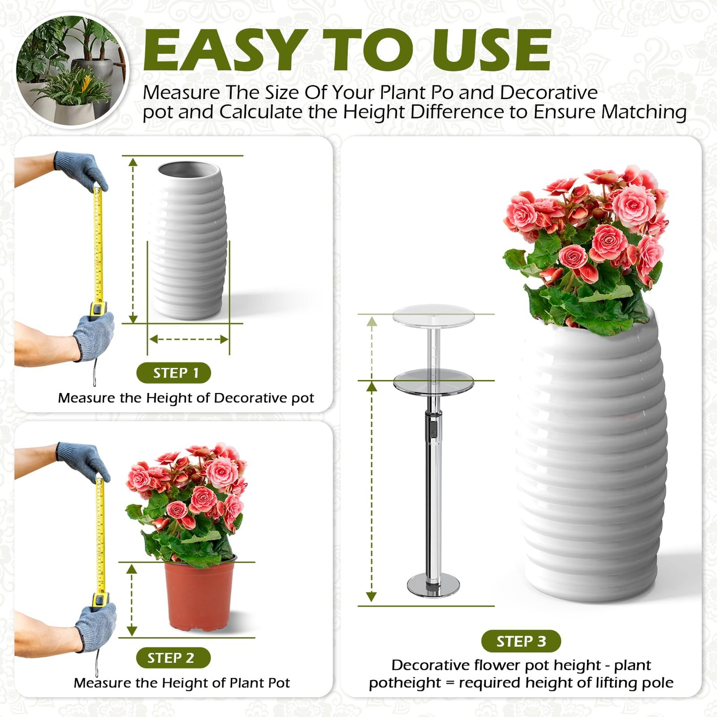 2 Set Adjustable Plant Risers for Inside Pot, Planter Insert for Large Pot, 19.5-32'' Rise Filler Riser of Tall Flower Pots, Metal Lift Insert for Tall Taper Flower Pots (6"8"10" Base or Top)