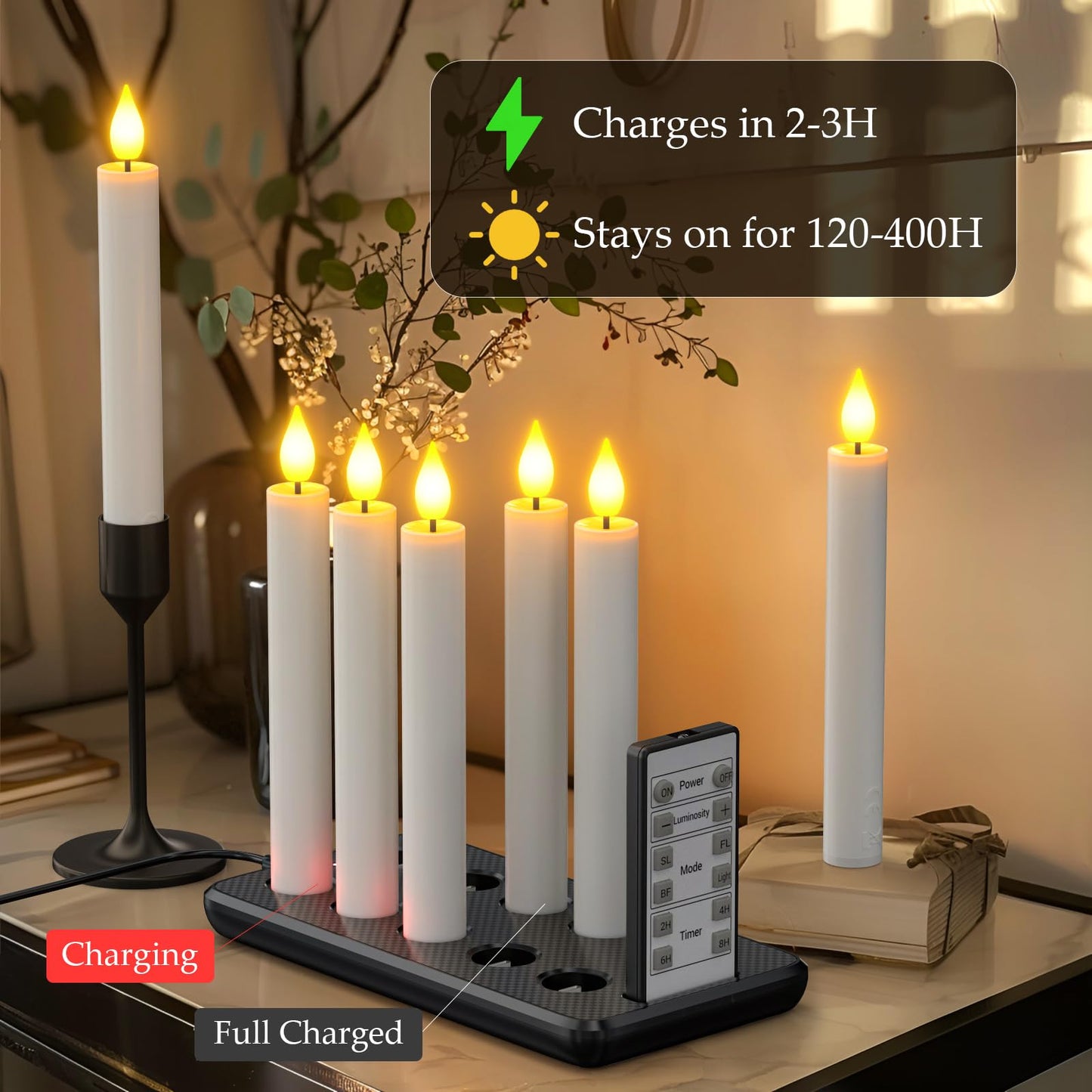 PChero 10 Pcs Rechargeable Flameless Taper Candles with Charging Station, 6.7" LED Candles with Remote & Timer, Battery Operated Flickering Tapered Candlesticks for Window Wedding Christmas Home Decor