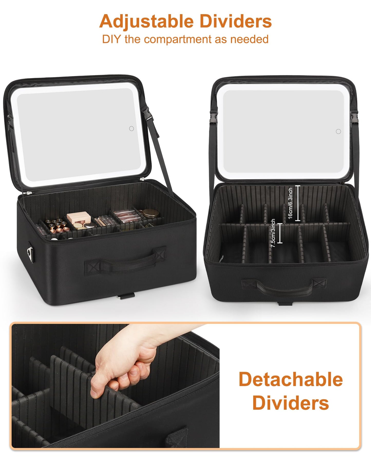 Relavel Travel Makeup Bag With LED Mirror, Cosmetic Train Case with Light up Mirror, Portable Makeup Artist Organizer Bag with Adjustable Dividers, Makeup Brush Holder Storage, Black