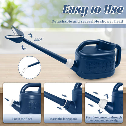 Watering Can for Indoor & Outdoor Plants, Plant Watering Can with Stainless Steel Shower Head, 1 Gallon Plastic Water Can for Garden, Flowers, Vegetable, Greenhouse (Dark Blue)