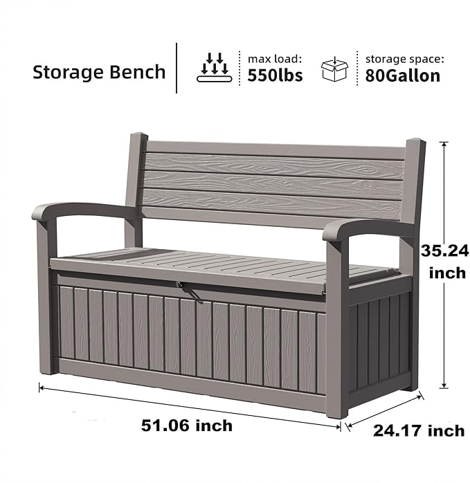 80 Gallon Outdoor Storage Bench Deck Box Waterproof Lockable,Outdoor Storage Furniture for Patio,Garden and Porch,Tools and Cushions（Grey Stripe）