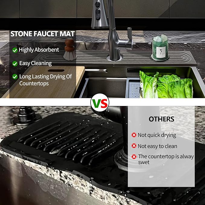 Stone Faucet Mat For Kitchen Sink, 23.6" Diatomite Fast Drying Stone Kitchen