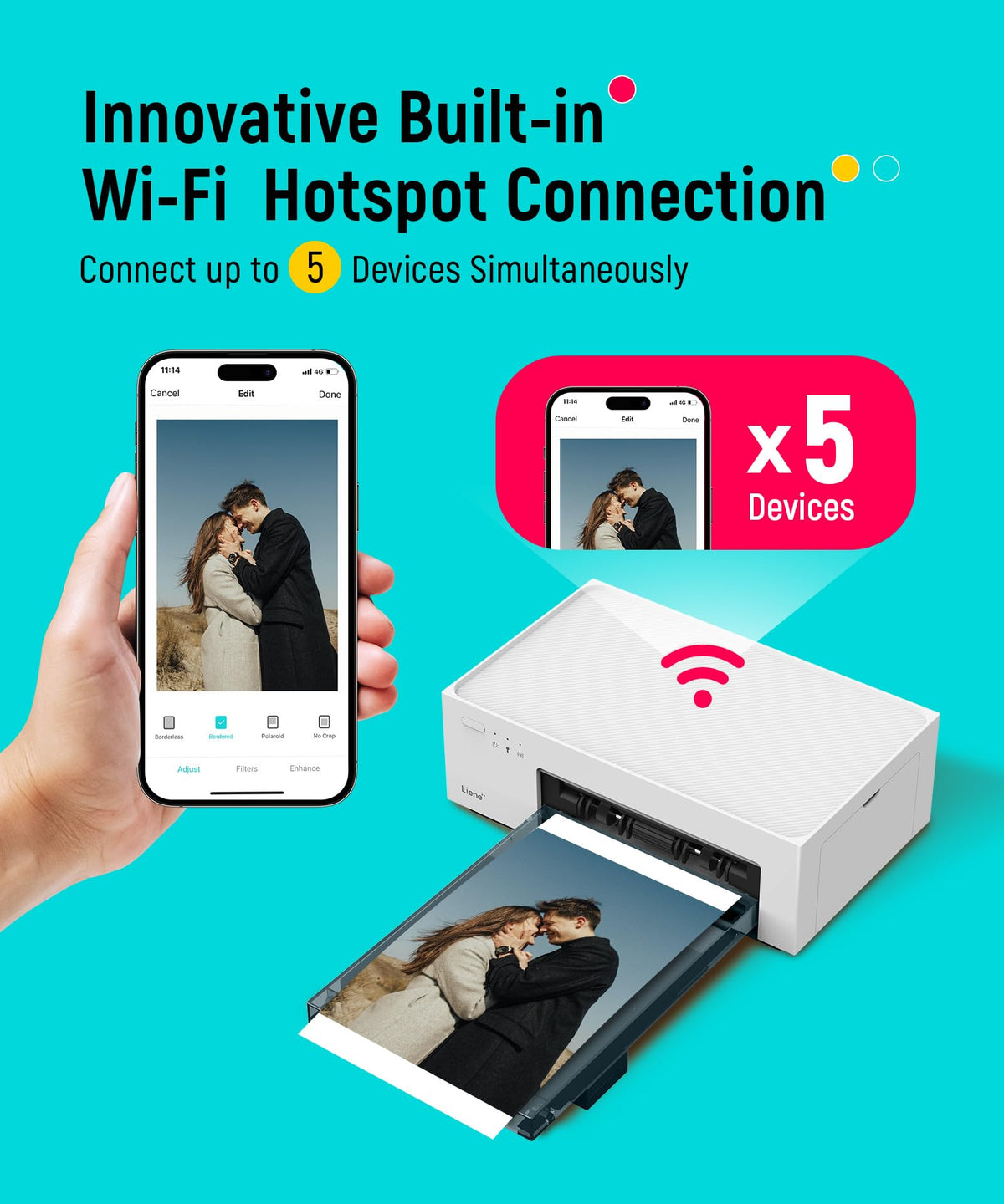 Liene M100 4x6'' Photo Printer, Wi-Fi Picture Printer, 20 Sheets, Full-Color Photo, Instant Phone Printer for iPhone, Android, Smartphone, Thermal Dye Sublimation, Portable Photo Printer for Home Use