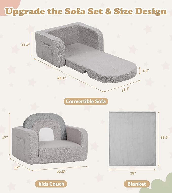 Foryoomi Kids Couch, 2-in-1 Soft Toddler Couch Fold Out