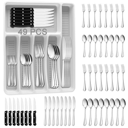 49-Piece Stainless Steel Silverware Set with Cutlery Organizer, Service for 8 with Steak Knives and Kitchen Utensils