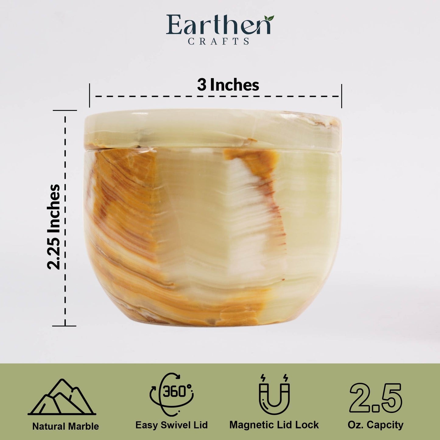 EARTHEN CRAFTS Marble Salt Cellar with Swivel Magnetic Lid 3 Inches Green Mini Salt Keeper for Countertop, 2.5 OZ Capacity, Kosher Salt and Seasoning Storage Container for Kitchen or Bath Salt