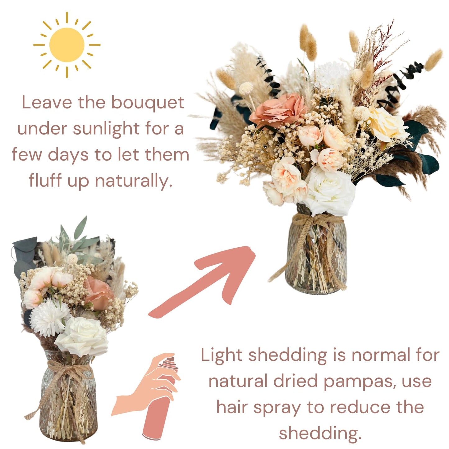 Luxury Floral Arrangement with Vase - Pampas Grass & Artificial Flowers for Kitchen Island, High End Centerpiece Decor, Coffee Table & Dining Table, Farmhouse Boho Home Decor with Dried Flowers