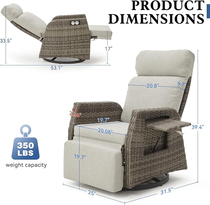 Adjustable Outdoor Recliner Chair with Independent Backrest & Footrest, Patio Swivel Recliner Chair, Wicker Reclining Patio Chair w/Flip-Up Table, 155° Lay Flat Chaise Lounge, Gray, 2PCS
