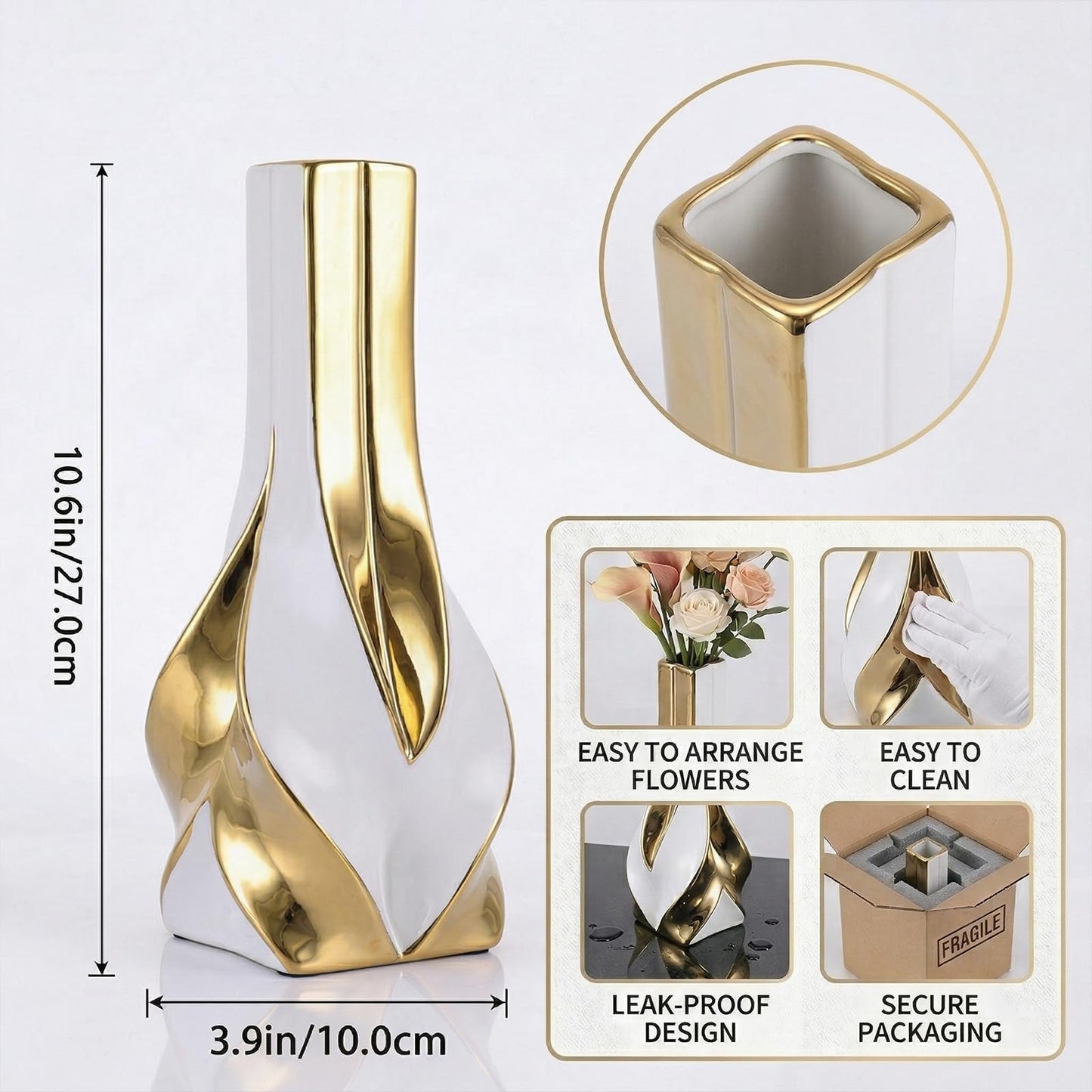 10.6" White and Gold Ceramic Vase, Modern Geometric Flower Vase for Dining Table Centerpiece, Elegant Decorative Vase for Pampas Grass, Living Room, Bedroom, Office, Tabletop Decoration