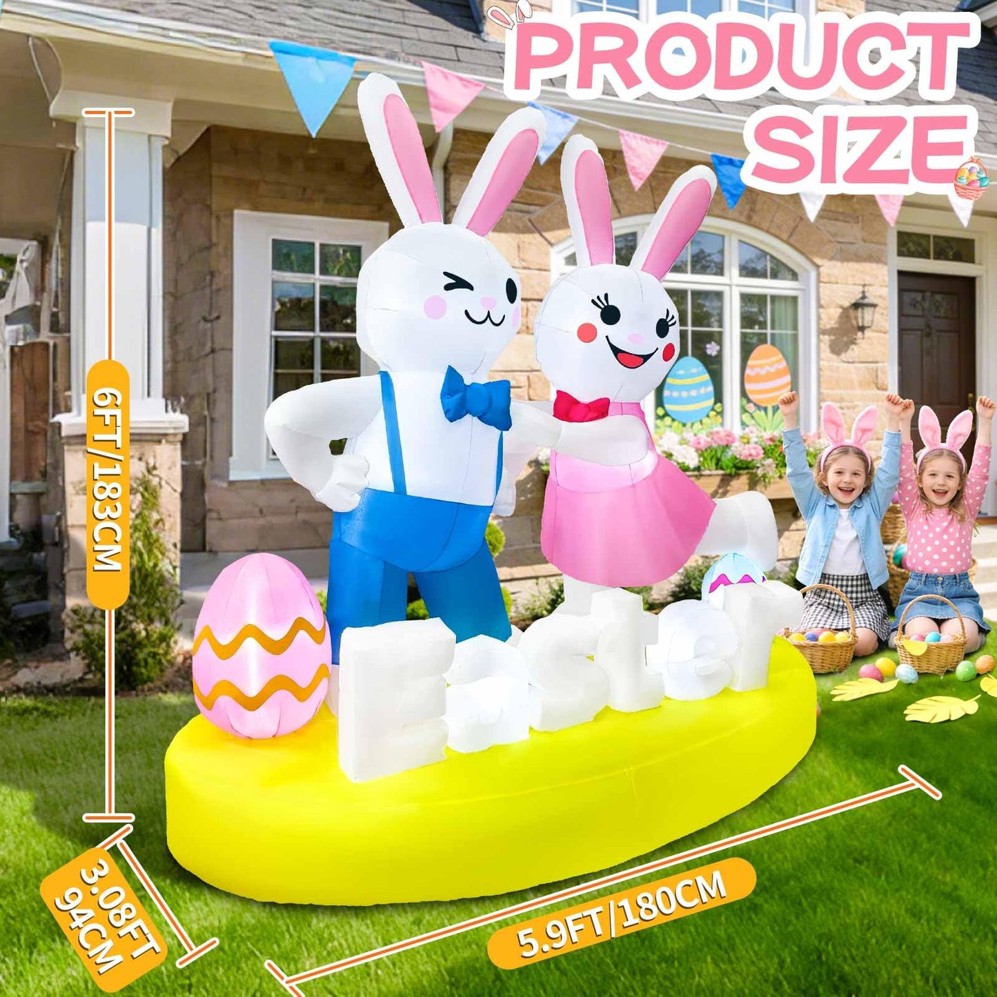 6FT Easter Inflatables Outdoor Decoration Inflatable Bunny Lover Dancing Built in LED Lights Bunny Blow Up Yard Decoration for Lawn Garden Holiday Party(with Storage Bag)