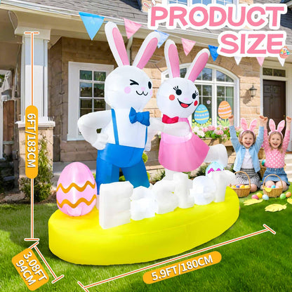 6FT Easter Inflatables Outdoor Decoration Inflatable Bunny Lover Dancing Built in LED Lights Bunny Blow Up Yard Decoration for Lawn Garden Holiday Party(with Storage Bag)