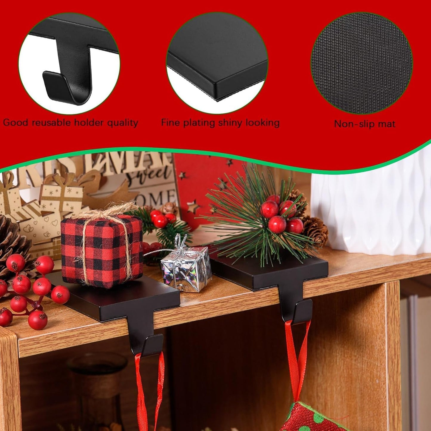 ARCHCRTC 2 Pcs Christmas Stocking Holders Hanging Hooks Heavy Duty Mantel Stocking Holder Bases Weighted Metal Stocking Hangers for Shelf Fireplace Stair Xmas Party Decor (2, Black)