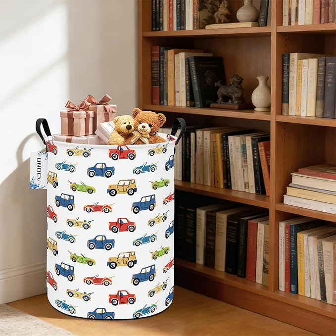 Round Foldable Kids' Racing Cars Laundry Hamper Boys Gift Basket Vehicles