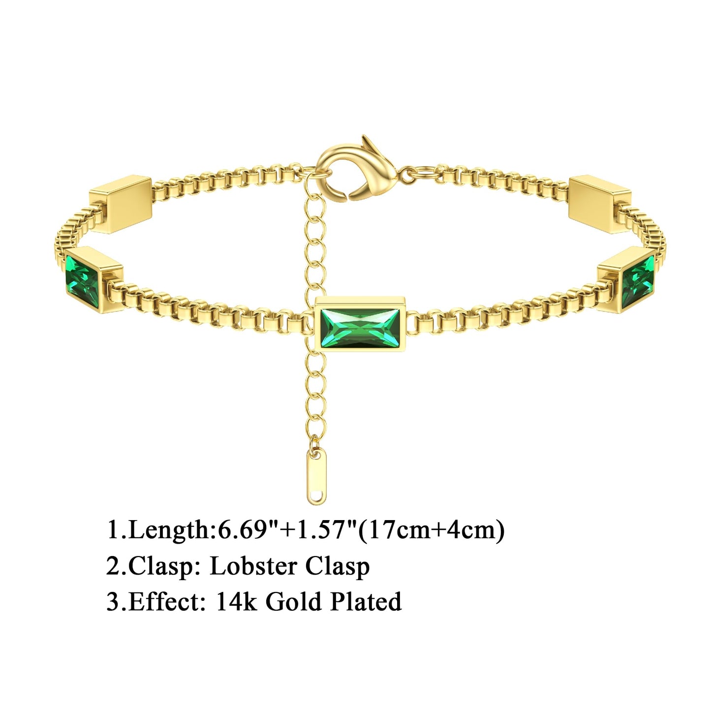 Sanfenly Gold Bracelet for Women Non Tarnish Dainty 14K Gold Plated Thin Stainless Steel Cute Emerald Green Cubic Zirconia Simulated Diamond Charm May Birthstone Bracelet Trendy Adjustable Simple Link Chain Waterproof Bracelet