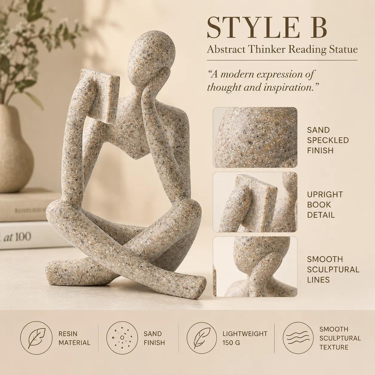 LINZHEN Bookshelf Decor Thinker Statue, Sand Abstract Reading Figurine Style B, Resin Decorative Bookend for Coffee Table, Shelf, Home Office, Library, Gift for Book Lovers