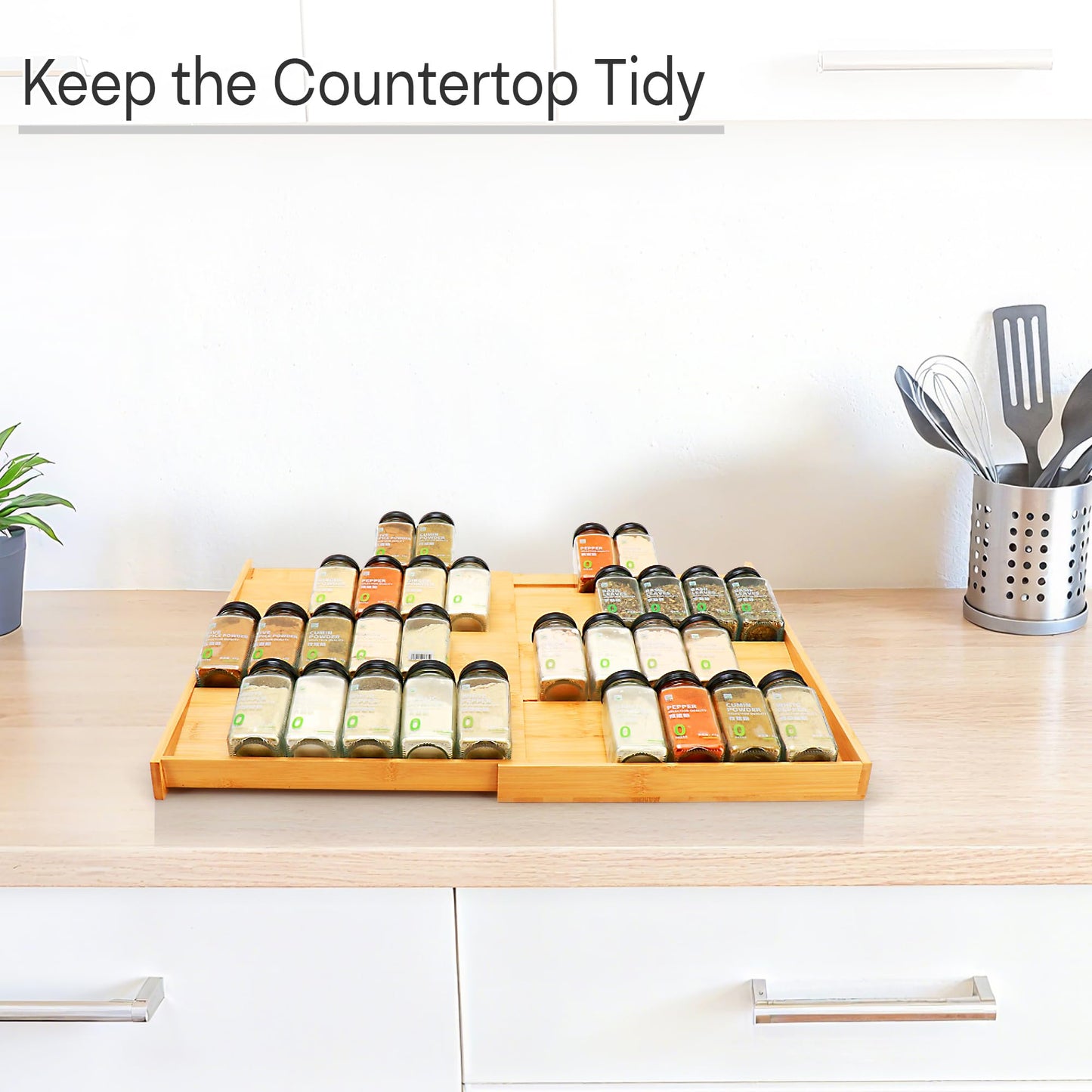Bamboo Spice Drawer Organizer, (Need 3.1” Deep Drawer) Expandable 4 Tier Spice Rack for Cabinet (From 12" to 23" Wide), Seasoning Storage Insert, Spice Organizer for Drawer,Jars Not Included