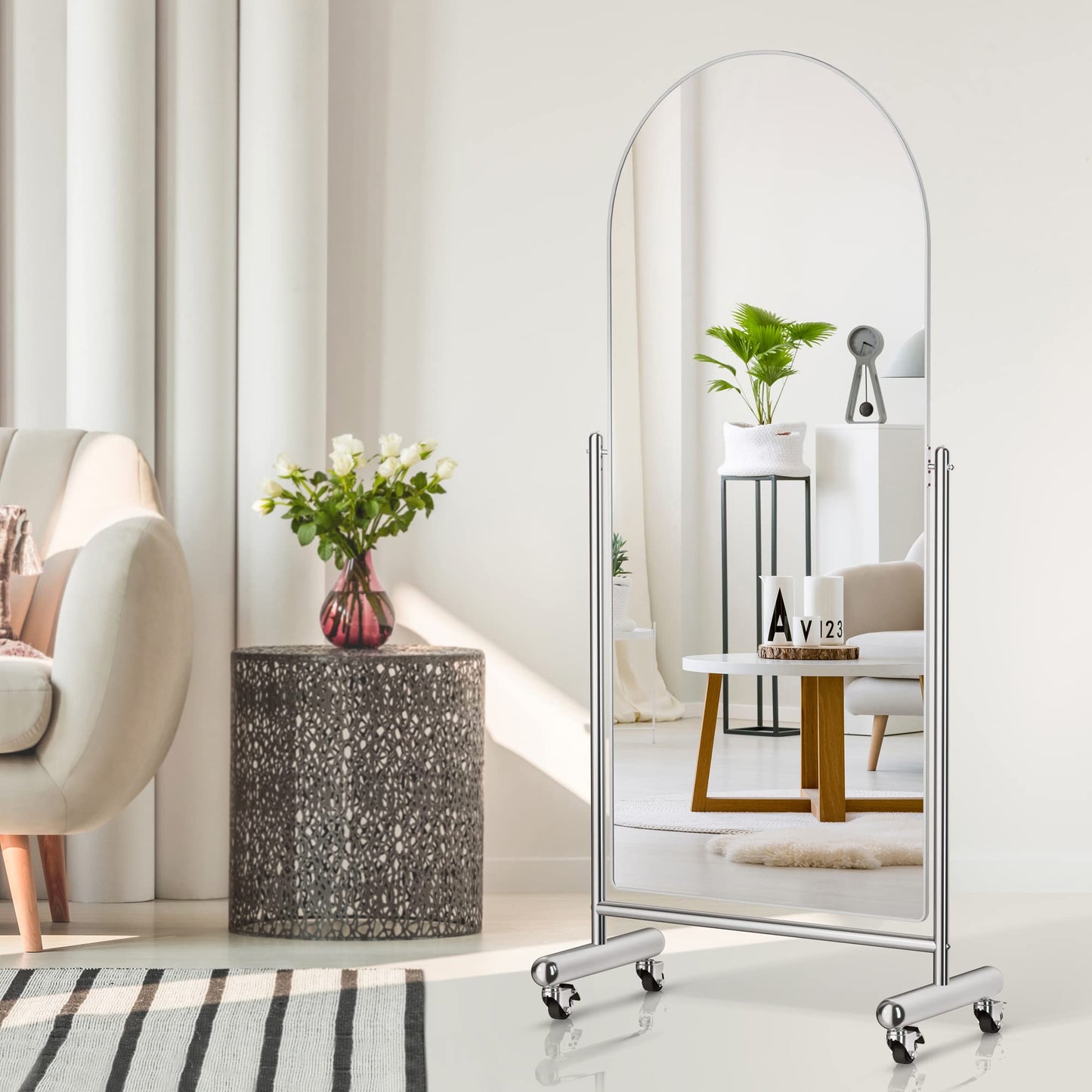 AISUNDY Arched Mobile Full Length Floor Mirror on Rolling Wheels, 65" Lx23 W Large Modern Tilting Swivel Mirror with Stainless Steel Frame, Silver, Use for Dressing,Dancing,Fitness,Gym Exercise