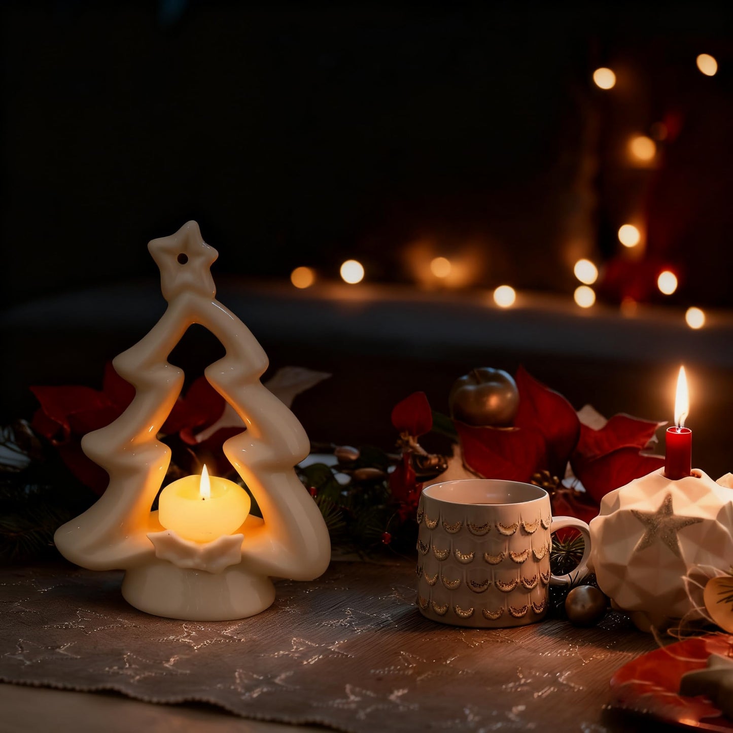 Pinkunn 2 Pcs Christmas Tree Candle Holders White Ceramic Christmas Tealight Votive Candles Holders Farmhouse Rustic Xmas Candlestick for Xmas Table Centerpiece Home Mantel Fireplace Decor