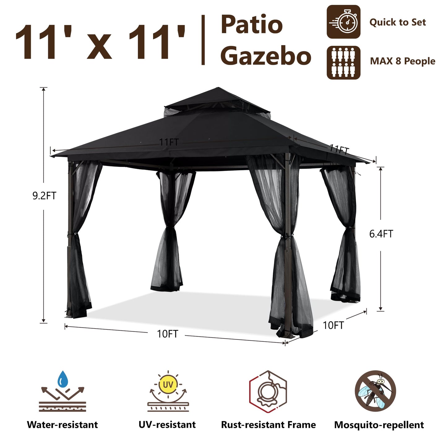 MASTERCANOPY Outdoor Patio Gazebo with Double Roofs, Stable Steel Frame and Mosquito Netting (11x11,Black)