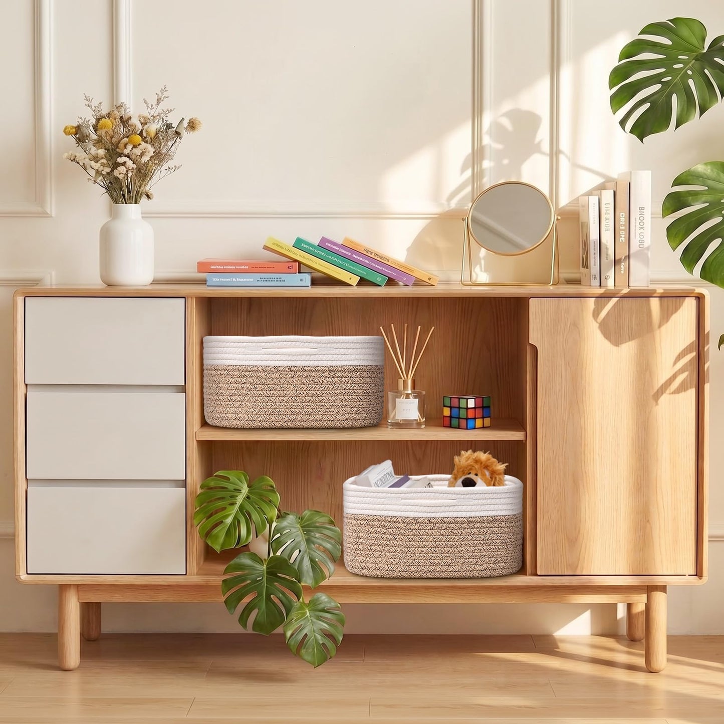 Storage Baskets for Shelves, 2 Pack Shallow Basket - 10.5" x 10.5" x 5.5", Rope Baskets for Organizing Toys, Snacks, Cube Storage Bins for Closet, Bedroom, Nursery, Brown & White