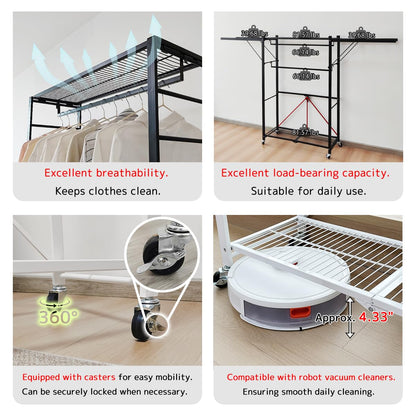 lumizone Folding Clothing Rack with Wheels Expandable Wardrobe Portable Clothes Rack for Hanging Clothes Adjustable Closet Shelves Garment Rack Durable Closet Racks for Hanging Clothes (Pro Black)