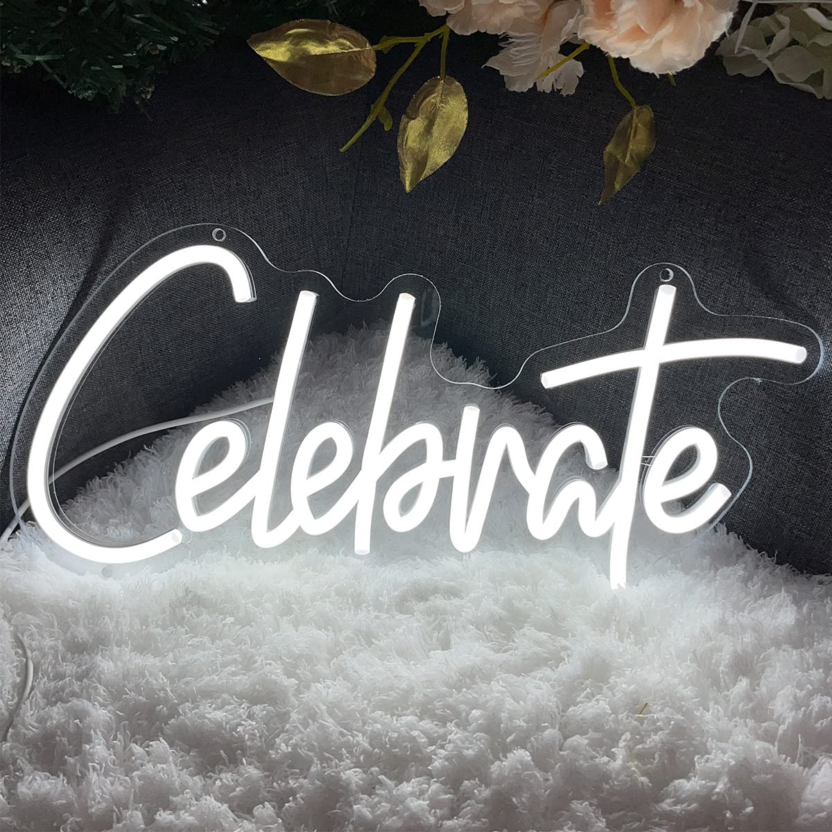 Neon Sign The Celebrate for Wall Decor Custom Light Up Sign Indoor Bedroom Home Decor LED Neon Light Sign Large Backdrop Flex Birthday Wedding Christmas Living Room Business Gift,White 40×18.7 CM