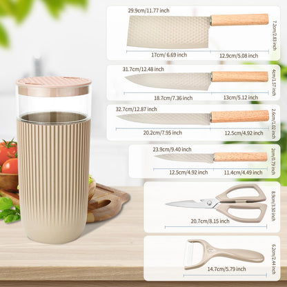 TOPLUCKY Knife Set, 7-Piece Kitchen Knife Set with Sharp Chef and Meat Knives, Anti-Rust Utility Knives Set for Kitchen, Kitchen Knife Block Set – Khaki