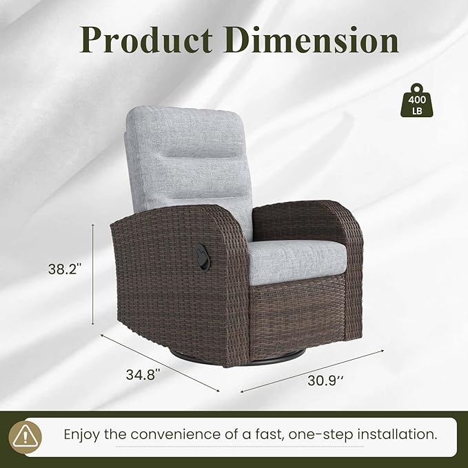 LayinSun Oversized Wicker Outdoor Swivel Glider Recliner with Adjustable Backrest & Footrest, Patio Reclining Lounge Chair