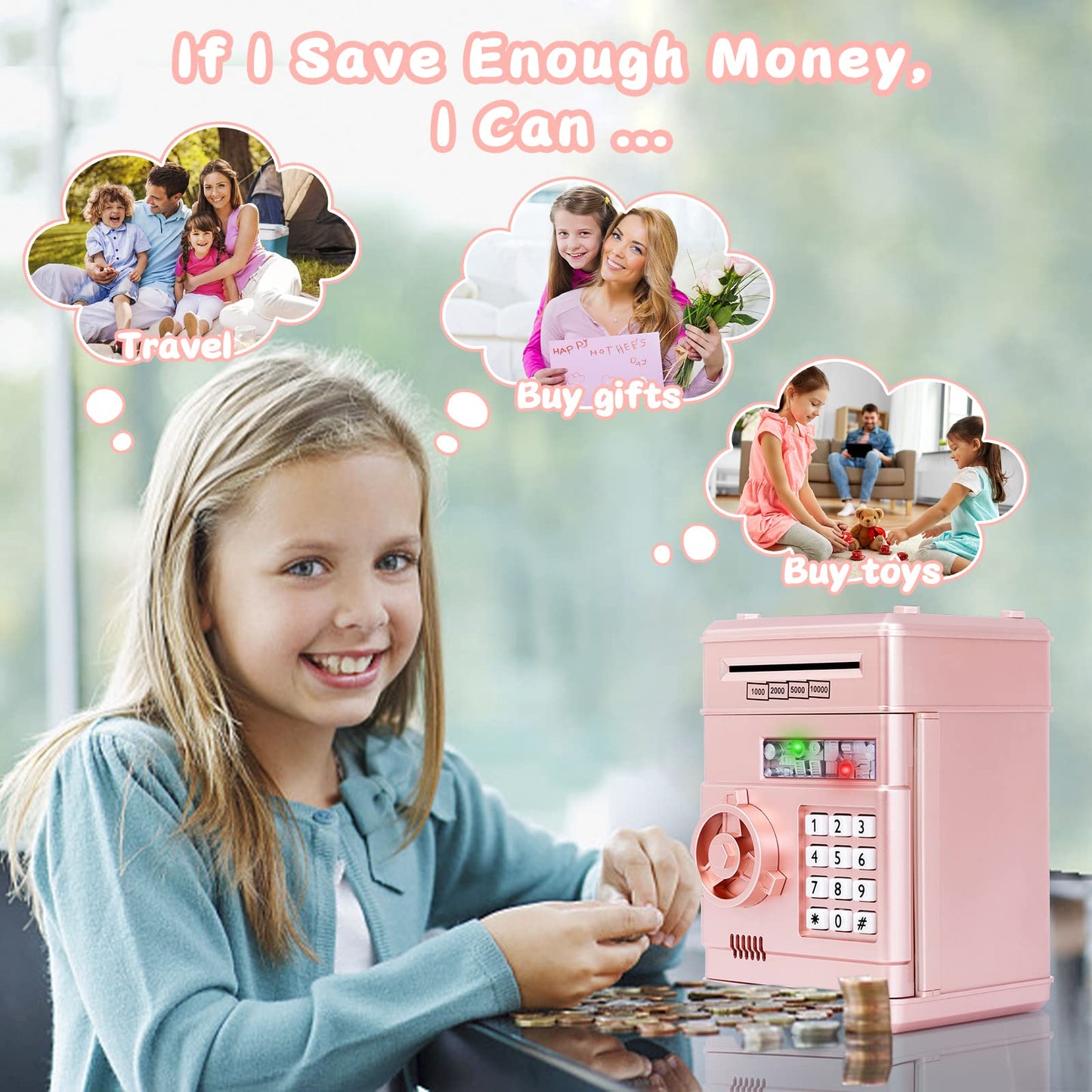 Thedttoy Electronic Piggy Bank Money Safe Password Money Box for Kids Ages 3+, ATM Bank Safe Coin Cash Banks Money Saving Box, Birthday for Boys Girls 3 4 5 6 7 years Old (Rose Gold)