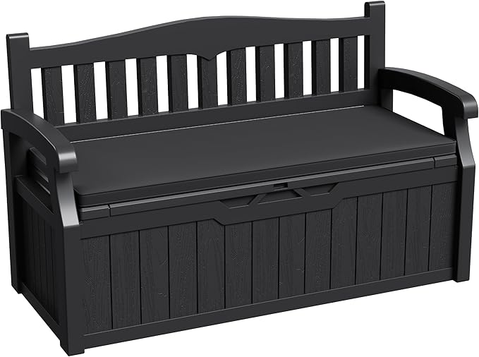 Greesum 80 Gallon Outdoor Storage Bench Deck Box with Cushion & Armrest, Lockable, Waterproof UV Resistant, Comfortable Seating for Patio, Pool, Garden, Black