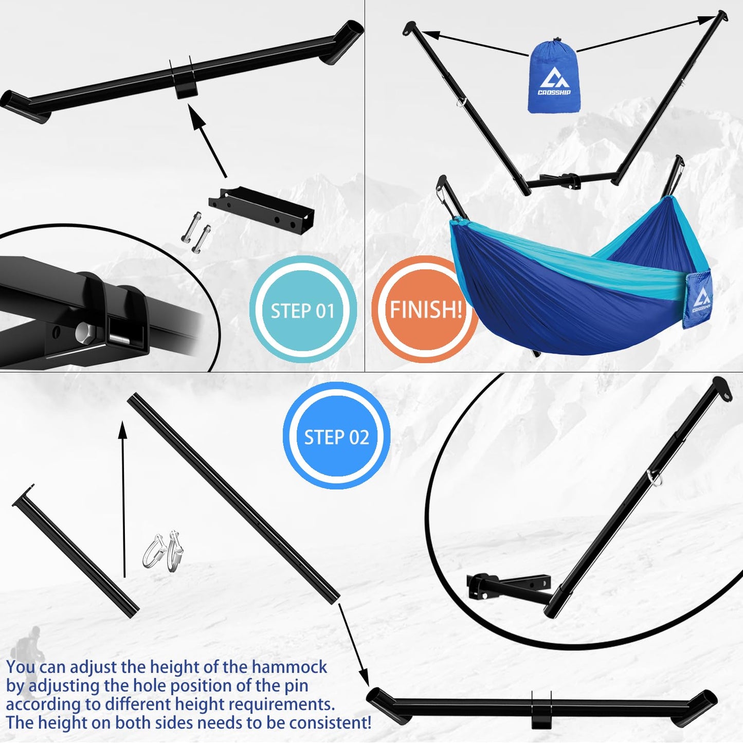 CROSSHIP Hitch Mount Hammock Stand - Includes Parachute Nylon Hammock & Storage Bag - for 2'' Receiver, Fits Class III & IV Heavy Duty Trucks, for Camping, Outdoor, Travel (350lbs Weight Capacity)